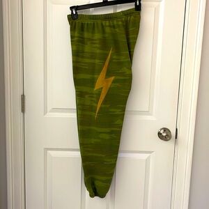 RARE Aviator Nation bolt sweatpants - CAMO w/yellow gold bolt - Women’s Large